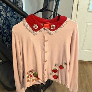 Pink Cardigan with Red Collar and Embroidered Details